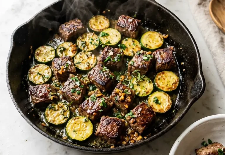 Garlic butter steak bites with zucchini in a cast iron skillet, glistening with butter and fresh garlic