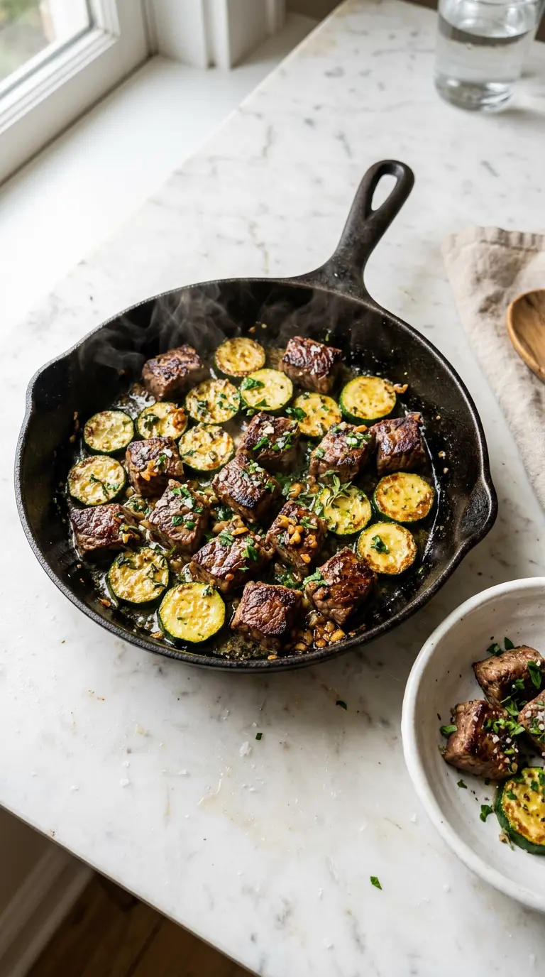 Garlic butter steak bites with zucchini in a cast iron skillet, glistening with butter and fresh garlic