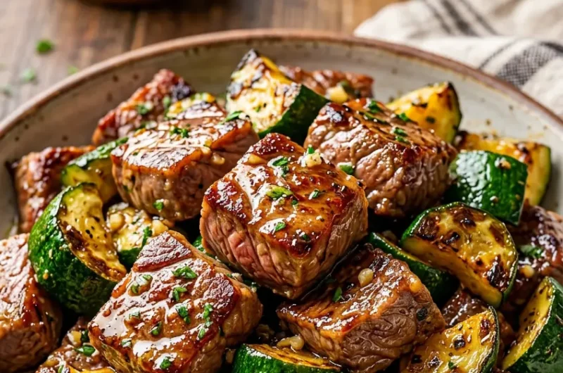 Pinterest pin for garlic butter steak bites with zucchini low carb dinner recipe