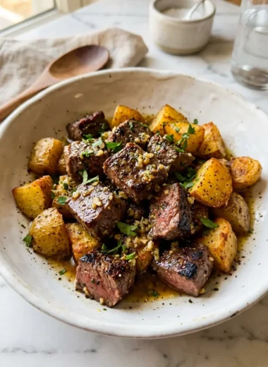 Garlic steak bites and creamy potatoes in garlic butter sauce, finished with fresh parsley