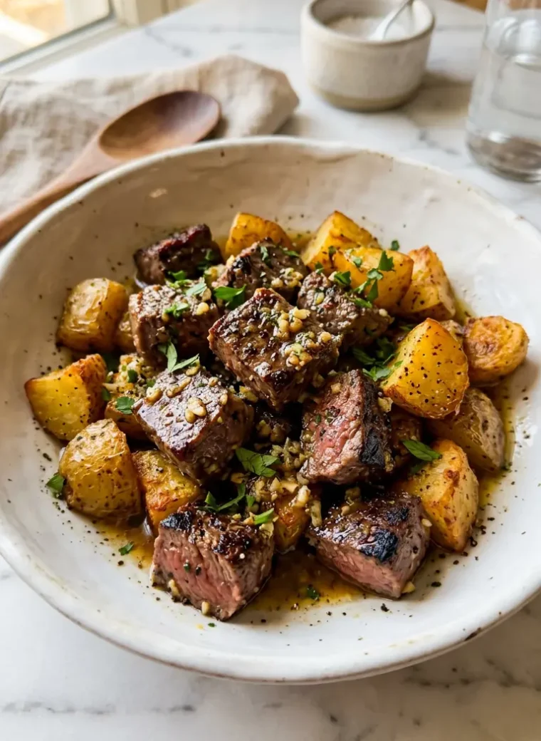 Garlic steak bites and creamy potatoes in garlic butter sauce, finished with fresh parsley