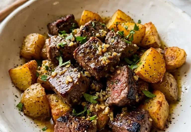 Garlic steak bites and creamy potatoes in garlic butter sauce, finished with fresh parsley