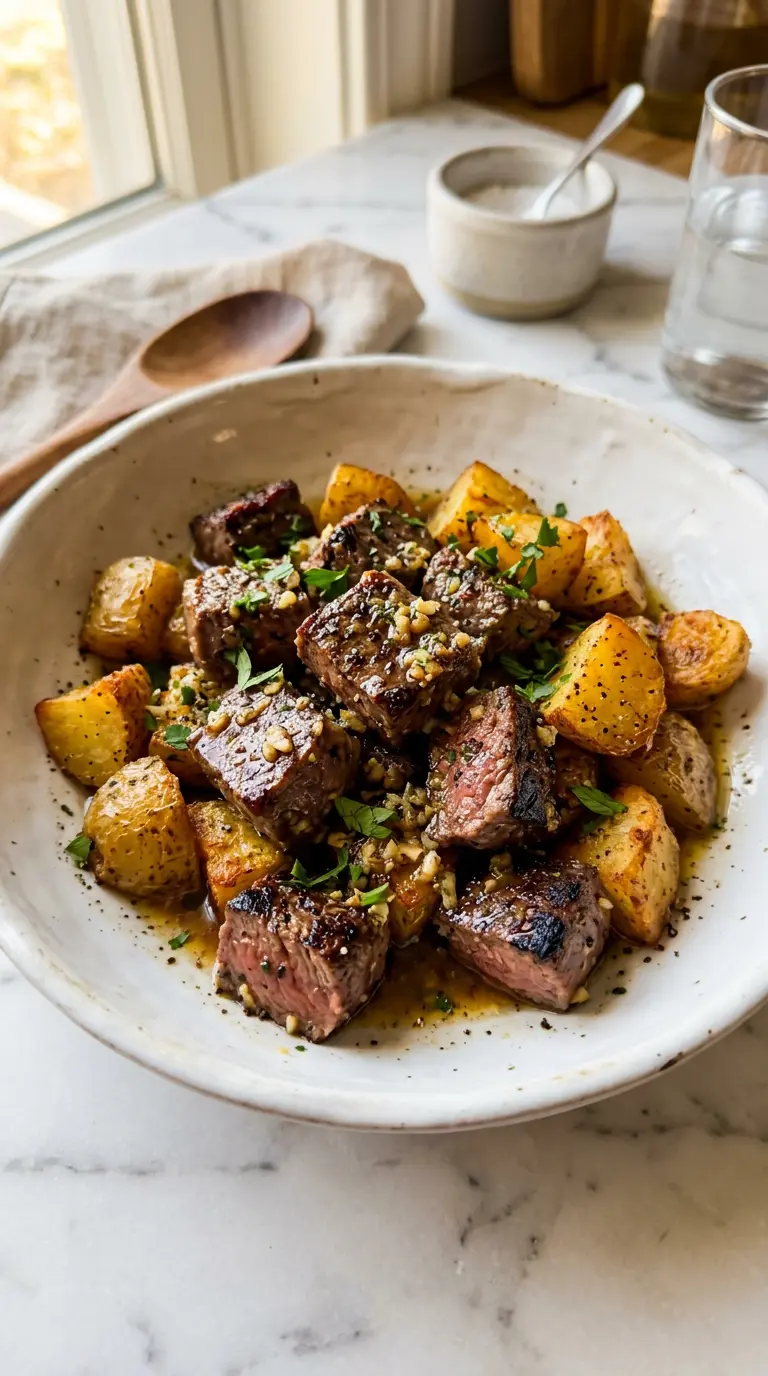 Garlic steak bites and creamy potatoes in garlic butter sauce, finished with fresh parsley
