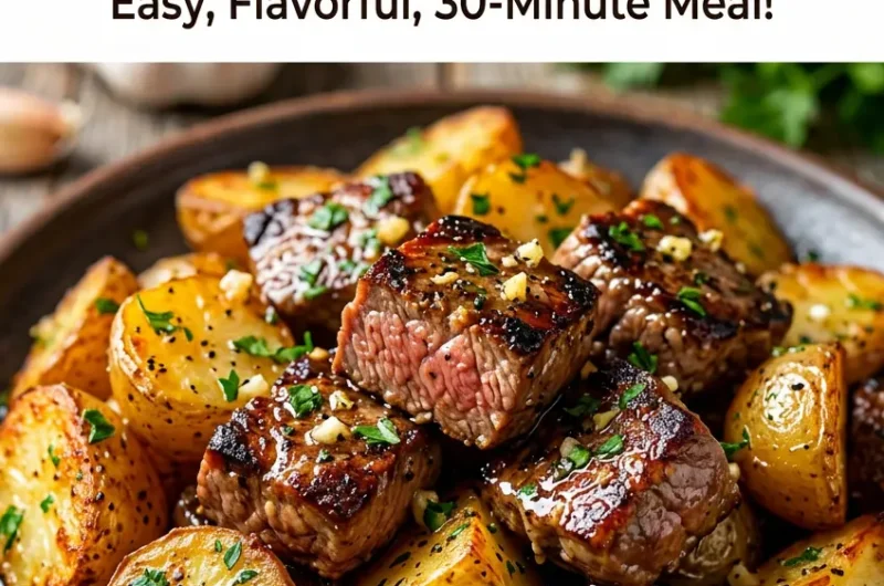 Pinterest pin for garlic steak bites and potatoes one-pan recipe