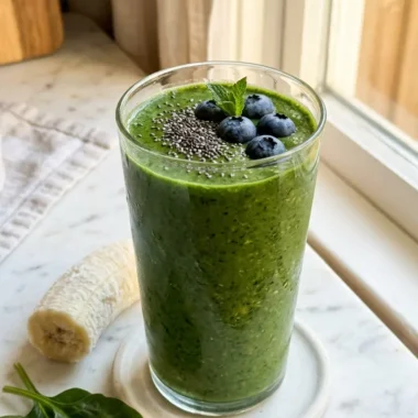 Tall glass of thick vibrant green smoothie for weight loss garnished with chia seeds on white marble