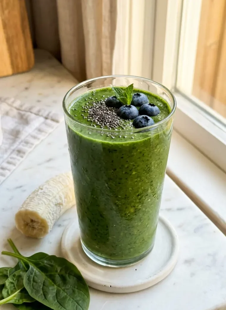 Tall glass of thick vibrant green smoothie for weight loss garnished with chia seeds on white marble
