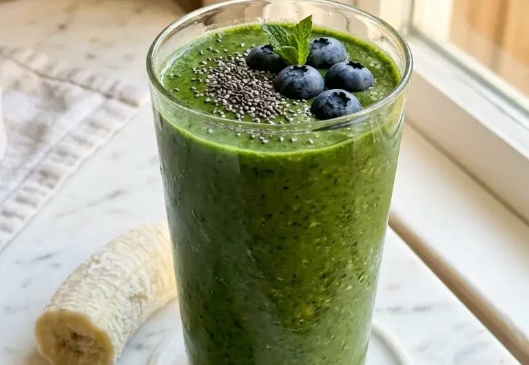 Tall glass of thick vibrant green smoothie for weight loss garnished with chia seeds on white marble