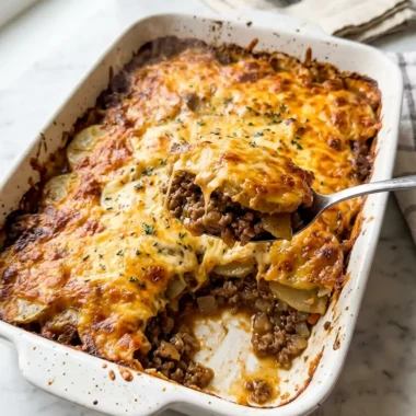 Cheesy hamburger potato casserole in a white baking dish with golden bubbling cheese and a scoop removed to show layers
