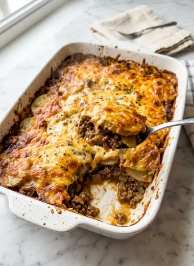 Cheesy hamburger potato casserole in a white baking dish with golden bubbling cheese and a scoop removed to show layers