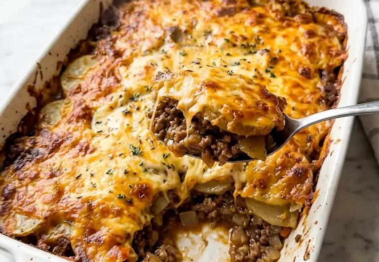 Cheesy hamburger potato casserole in a white baking dish with golden bubbling cheese and a scoop removed to show layers