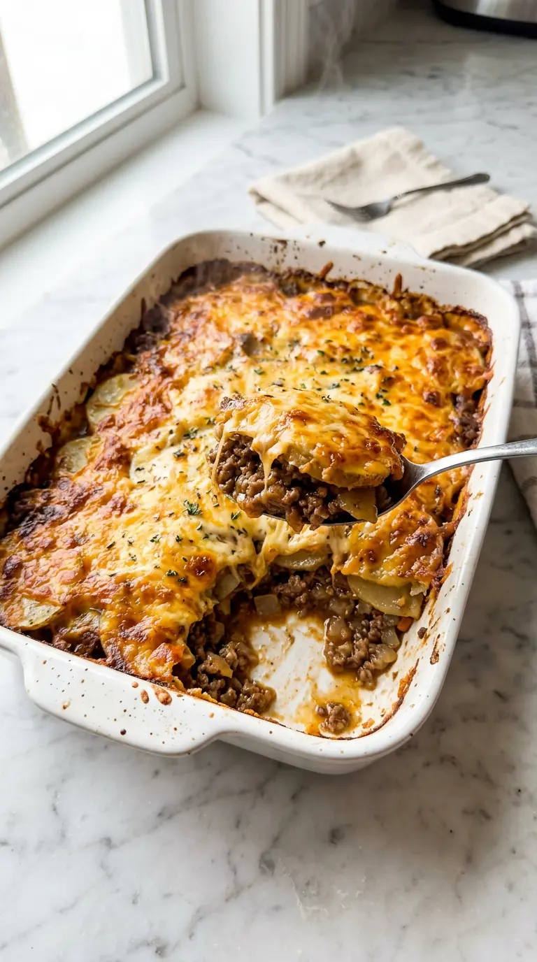 Cheesy hamburger potato casserole in a white baking dish with golden bubbling cheese and a scoop removed to show layers