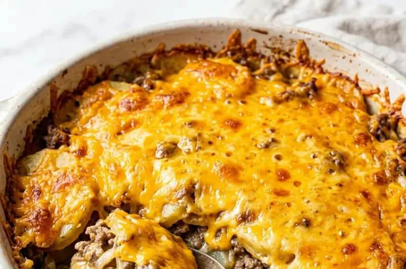 Pinterest pin image for cheesy hamburger potato casserole recipe