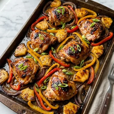 Hawaiian chicken sheet pan with caramelized pineapple, peppers, and sticky glaze on white marble