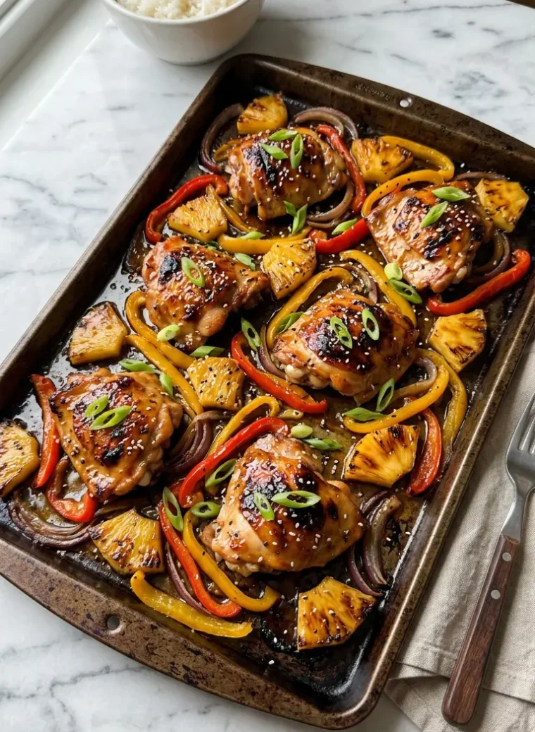 Hawaiian chicken sheet pan with caramelized pineapple, peppers, and sticky glaze on white marble