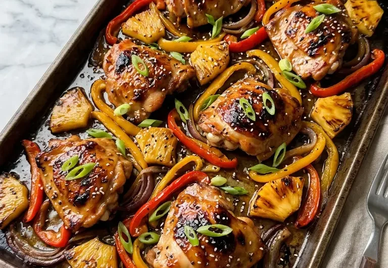 Hawaiian chicken sheet pan with caramelized pineapple, peppers, and sticky glaze on white marble