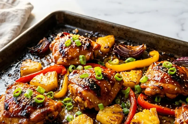 Pinterest pin image for Hawaiian chicken sheet pan recipe