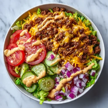 Close-up of a high protein cheeseburger bowl with ground beef, fresh vegetables, cheese, and creamy burger sauce on white marble.