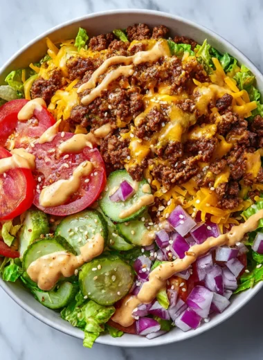 Close-up of a high protein cheeseburger bowl with ground beef, fresh vegetables, cheese, and creamy burger sauce on white marble.