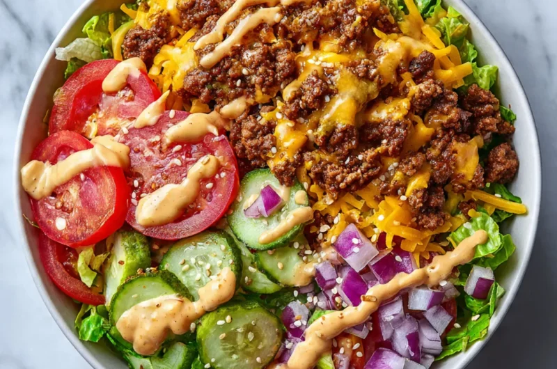 Close-up of a high protein cheeseburger bowl with ground beef, fresh vegetables, cheese, and creamy burger sauce on white marble.