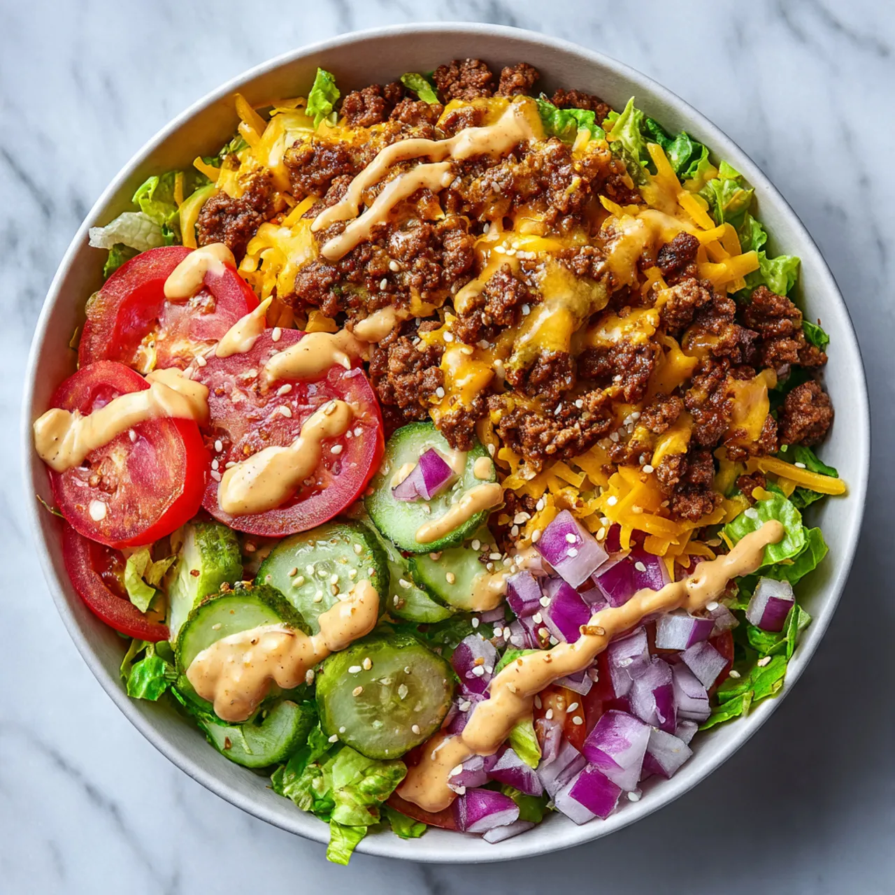 Close-up of a high protein cheeseburger bowl with ground beef, fresh vegetables, cheese, and creamy burger sauce on white marble.