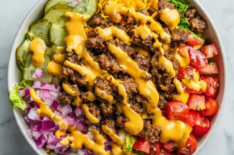 Extreme close up of high protein cheeseburger bowl showcasing ground beef and burger sauce.