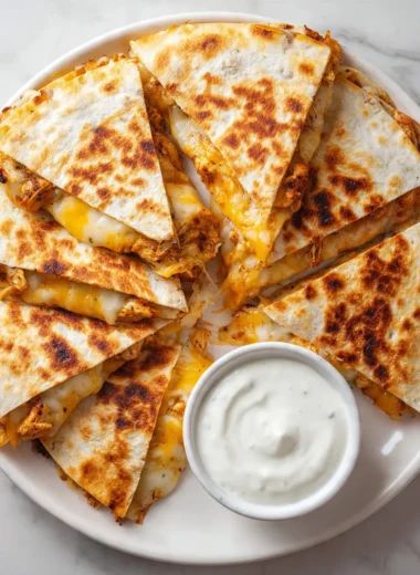 Close-up of golden brown high protein chicken ranch quesadilla sliced into triangles on a white plate.