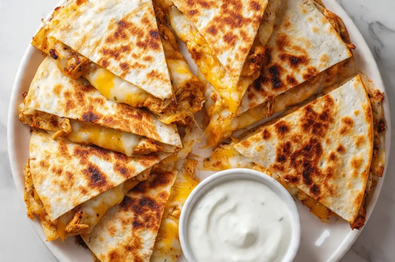 Close-up of golden brown high protein chicken ranch quesadilla sliced into triangles on a white plate.