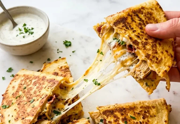 Extreme close up of crispy high protein chicken ranch quesadilla showing cheesy filling.