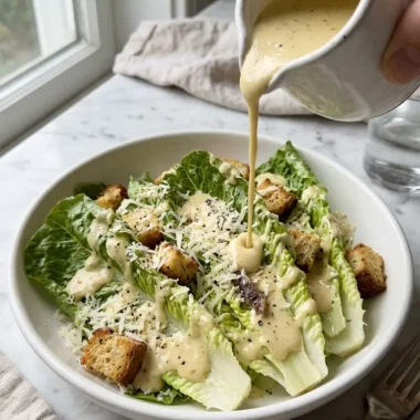 Creamy homemade Caesar dressing being poured over a fresh Caesar salad in a white bowl