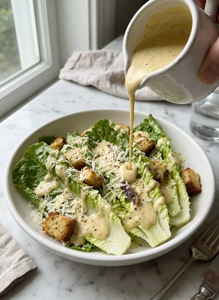 Creamy homemade Caesar dressing being poured over a fresh Caesar salad in a white bowl