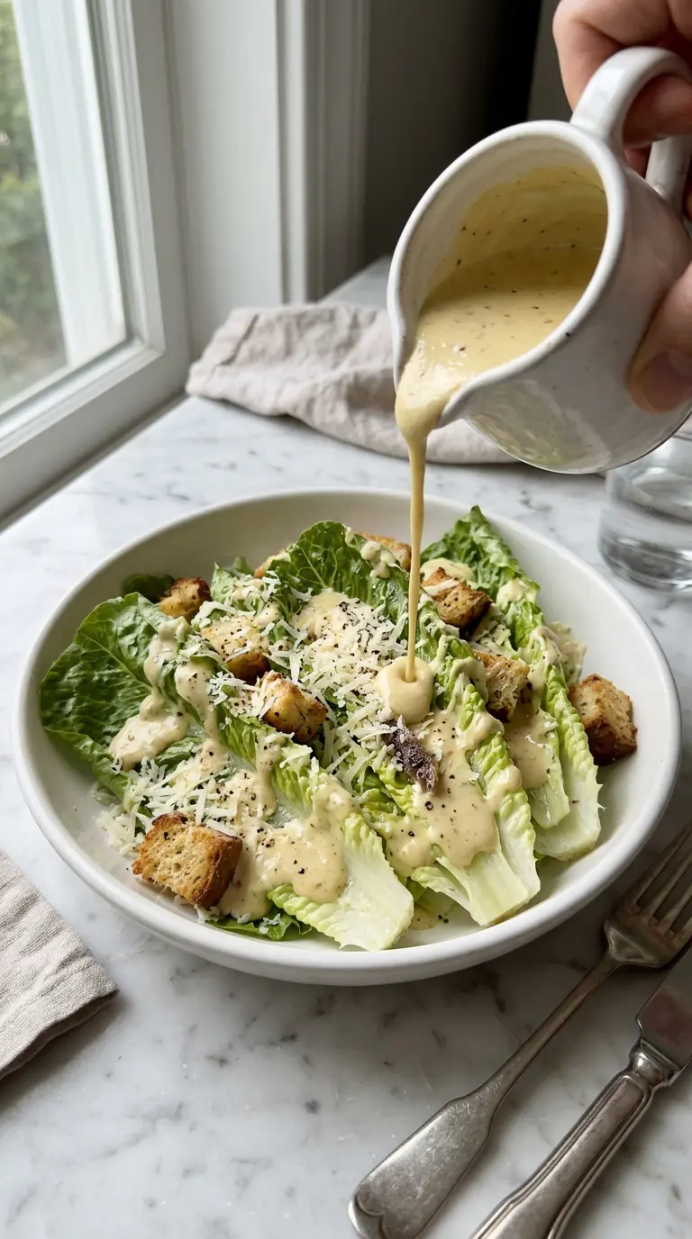 Creamy homemade Caesar dressing being poured over a fresh Caesar salad in a white bowl