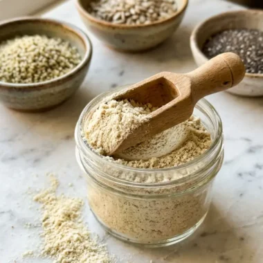 Open glass jar of homemade protein powder with wooden scoop on white marble surface