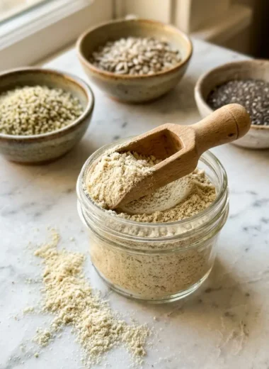 Open glass jar of homemade protein powder with wooden scoop on white marble surface