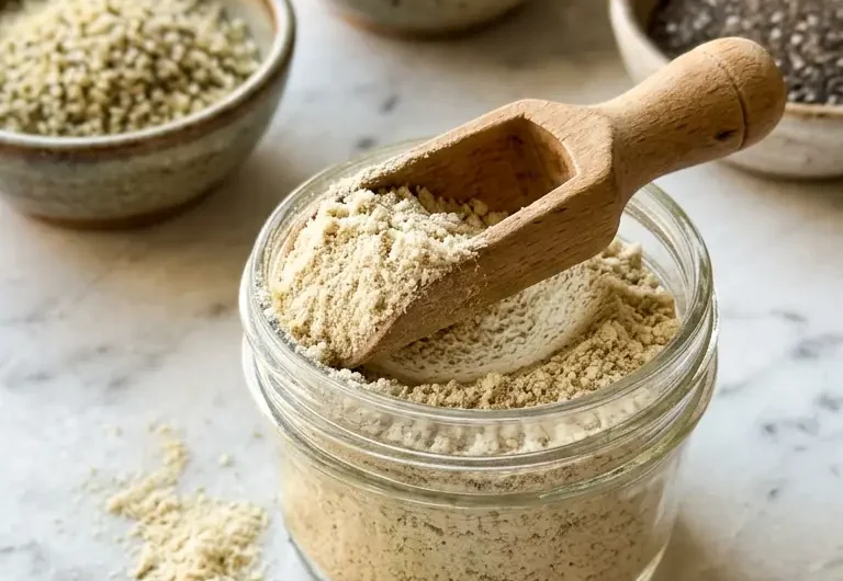 Open glass jar of homemade protein powder with wooden scoop on white marble surface