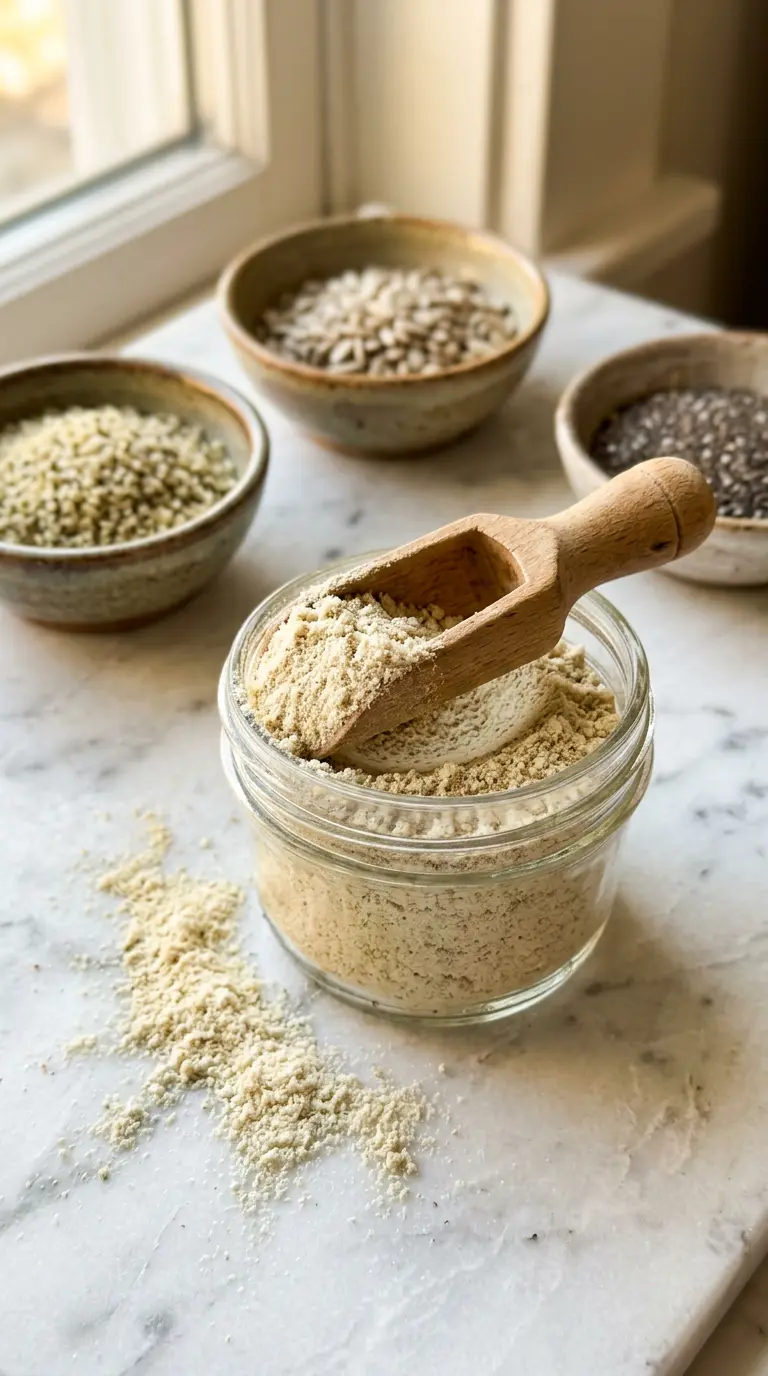 Open glass jar of homemade protein powder with wooden scoop on white marble surface