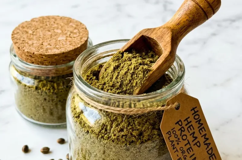 Pinterest pin image for homemade protein powder recipe with glass jar and wooden scoop