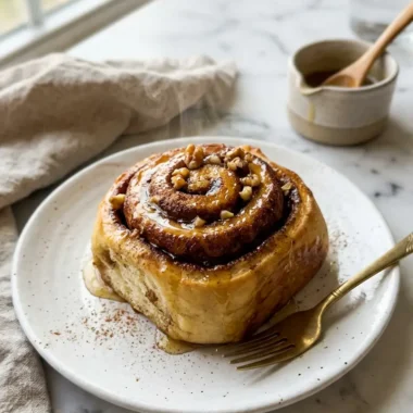 Warm honey cinnamon dessert with golden glaze on white plate