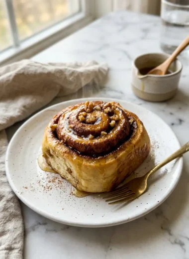 Warm honey cinnamon dessert with golden glaze on white plate