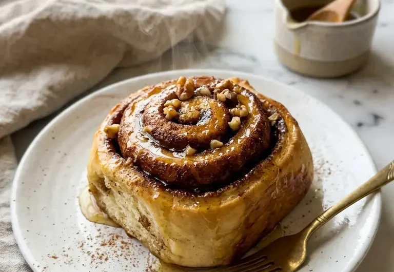 Warm honey cinnamon dessert with golden glaze on white plate