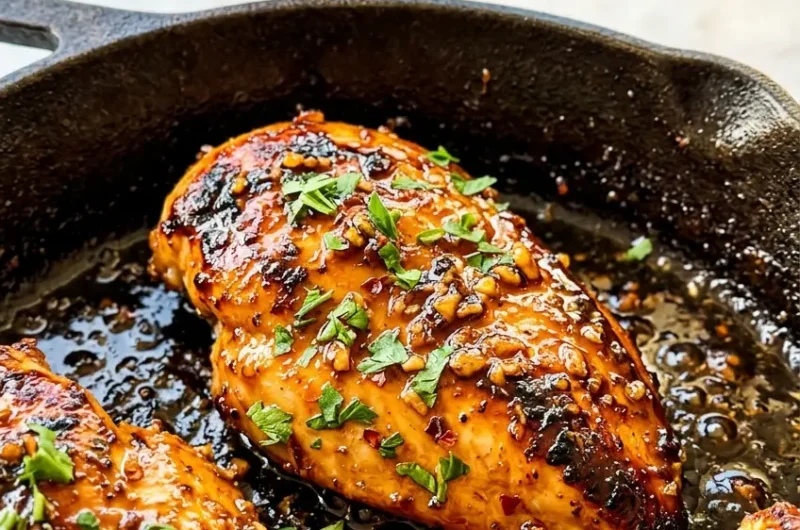 Pinterest pin image for honey garlic chicken breasts with sticky amber glaze in cast iron skillet
