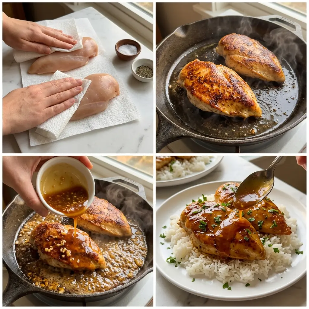 4-step cooking process collage for honey garlic chicken breasts showing patting dry, searing, adding sauce, and plating