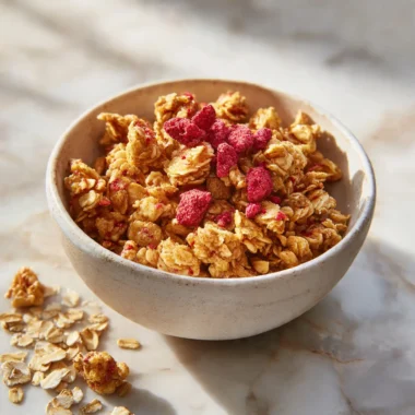 A white ceramic bowl of golden koji fermented granola topped with freeze-dried strawberries and honey drizzle on white marble.