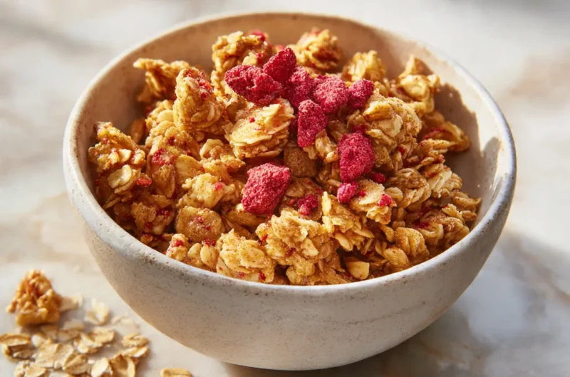 A white ceramic bowl of golden koji fermented granola topped with freeze-dried strawberries and honey drizzle on white marble.