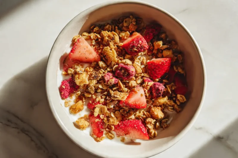 Tall vertical shot of koji fermented granola in a white ceramic bowl with freeze-dried strawberries on white marble for Pinterest.