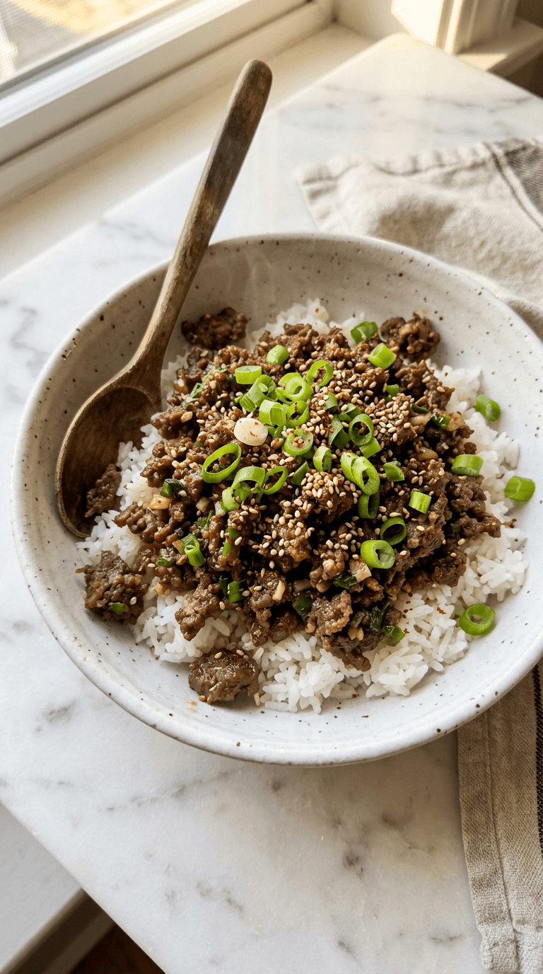 Korean ground beef bowl with glossy savory sauce over jasmine rice topped with sesame seeds