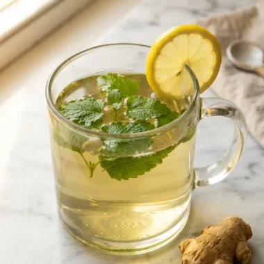 Clear glass mug of lemon balm tea for weight loss with fresh leaves and lemon on white marble
