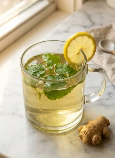 Clear glass mug of lemon balm tea for weight loss with fresh leaves and lemon on white marble