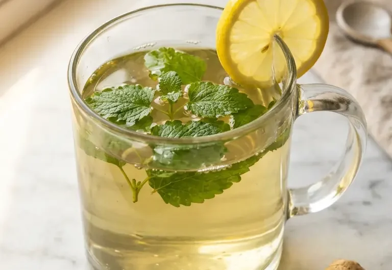 Clear glass mug of lemon balm tea for weight loss with fresh leaves and lemon on white marble