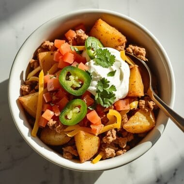 Loaded potato taco bowl with crispy roasted potatoes, seasoned ground beef, cheese, sour cream, and fresh toppings
