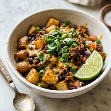 Loaded potato taco bowl with crispy potatoes, seasoned beef, and fresh toppings